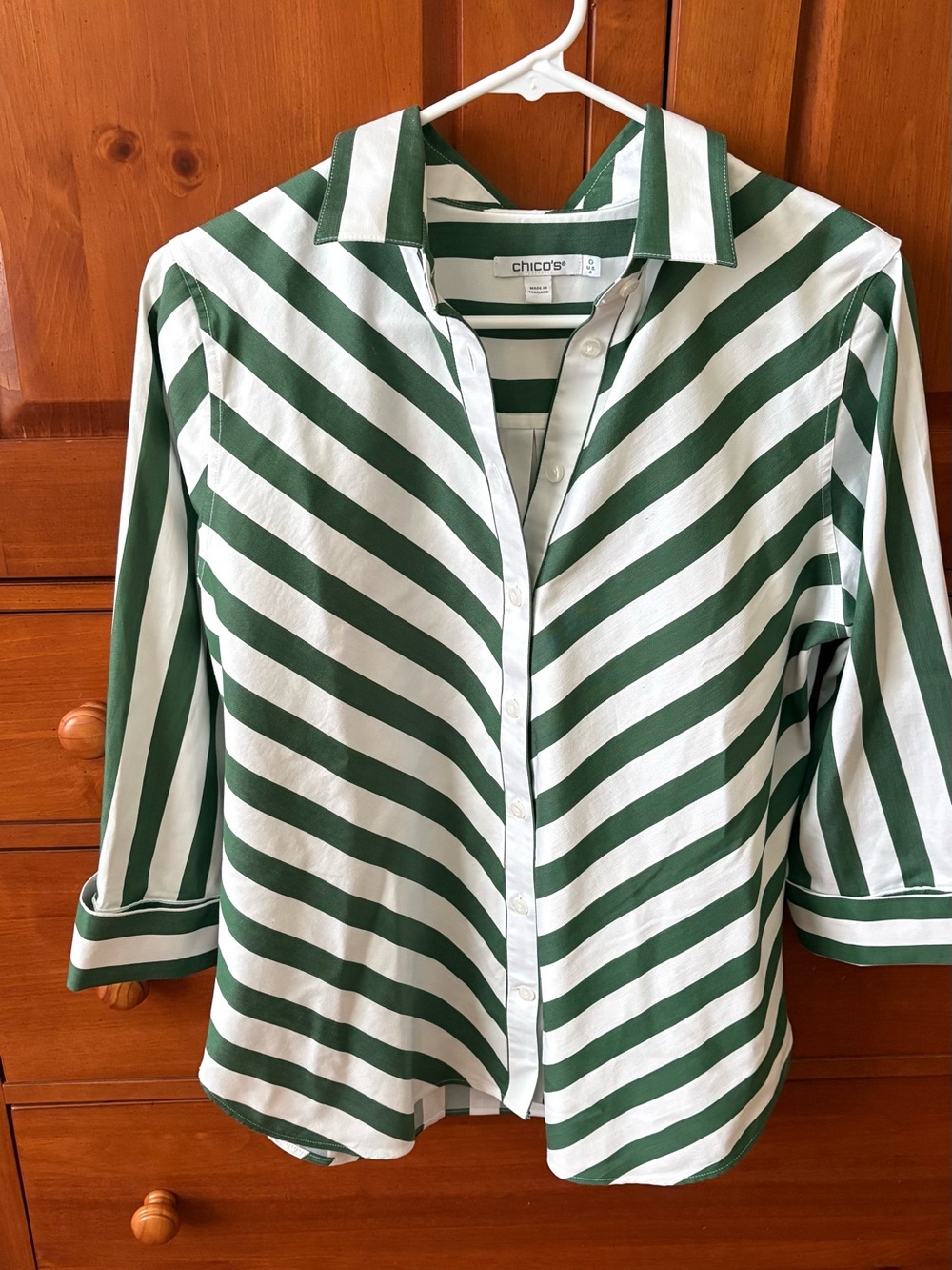 Chico's Green and White Striped Button-Down Shirt